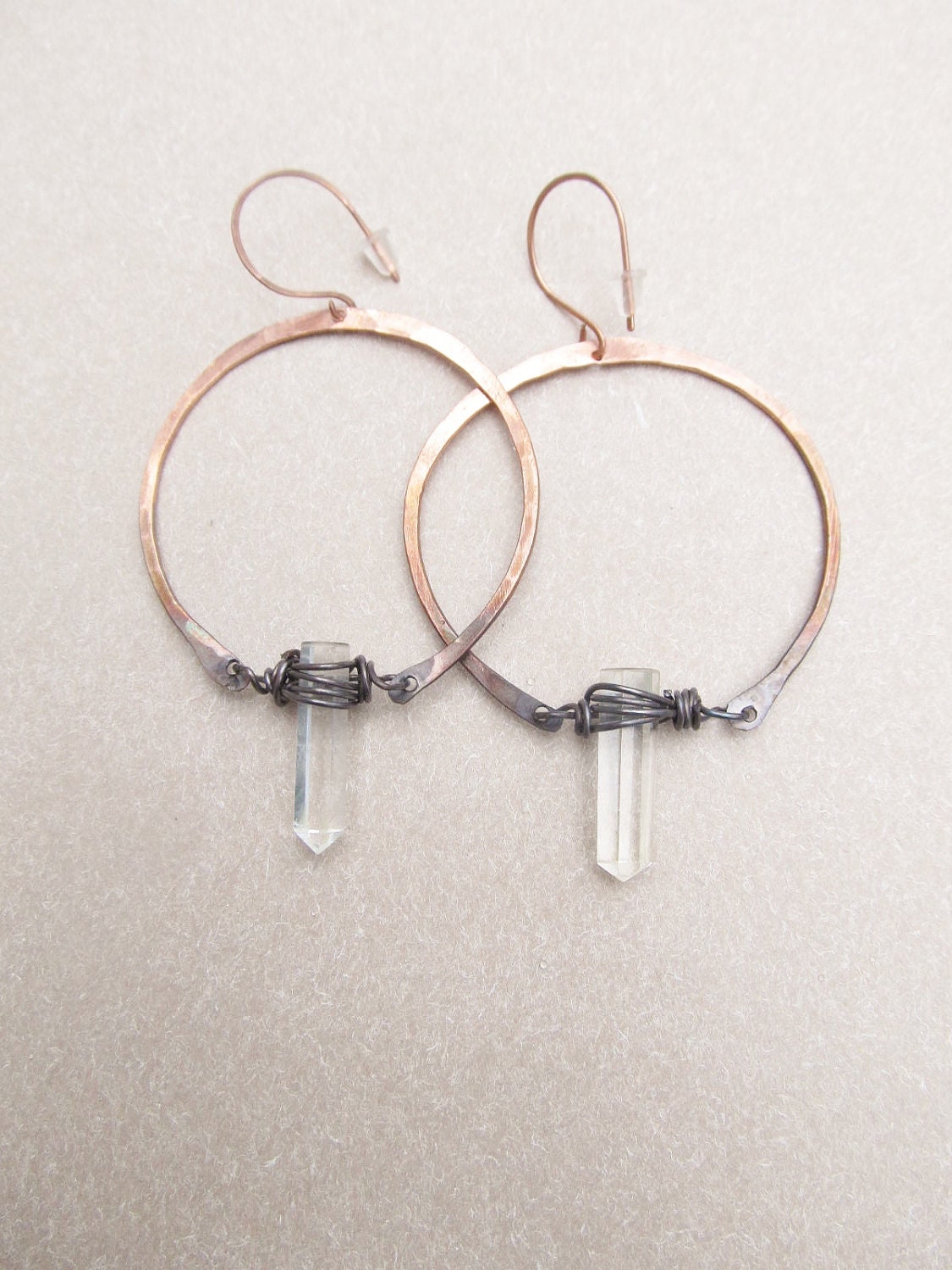 Rustic Hoop Earrings Raw Quartz Crystal Point Copper Hoops Ombre Jewelry DanielleRoseBean Lalrge Hoop Earrings