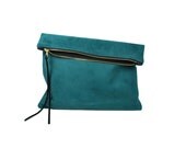 Oversized leather fold clutch in teal suede with black detailing