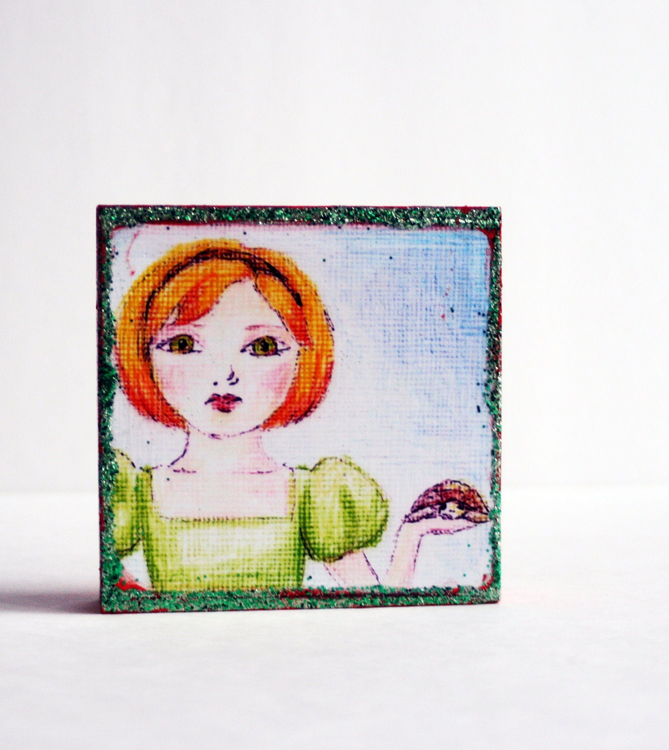 Childrens Art Block- Tortoise and Girl-My Chelonia-Orange and Green- Stocking Stuffer Under 20