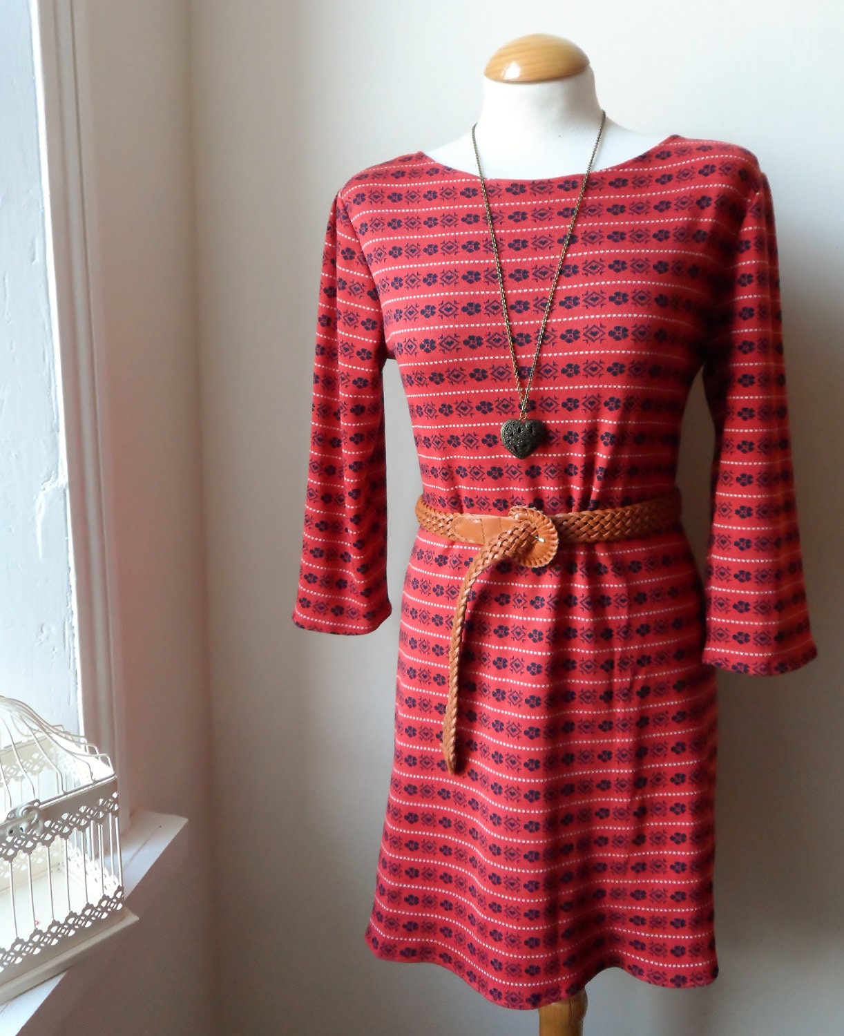 Sale...Jersey Tunic Dress in Dark Coral and Navy Blue with a Floral/Heart Print / Handmade / Choose your size