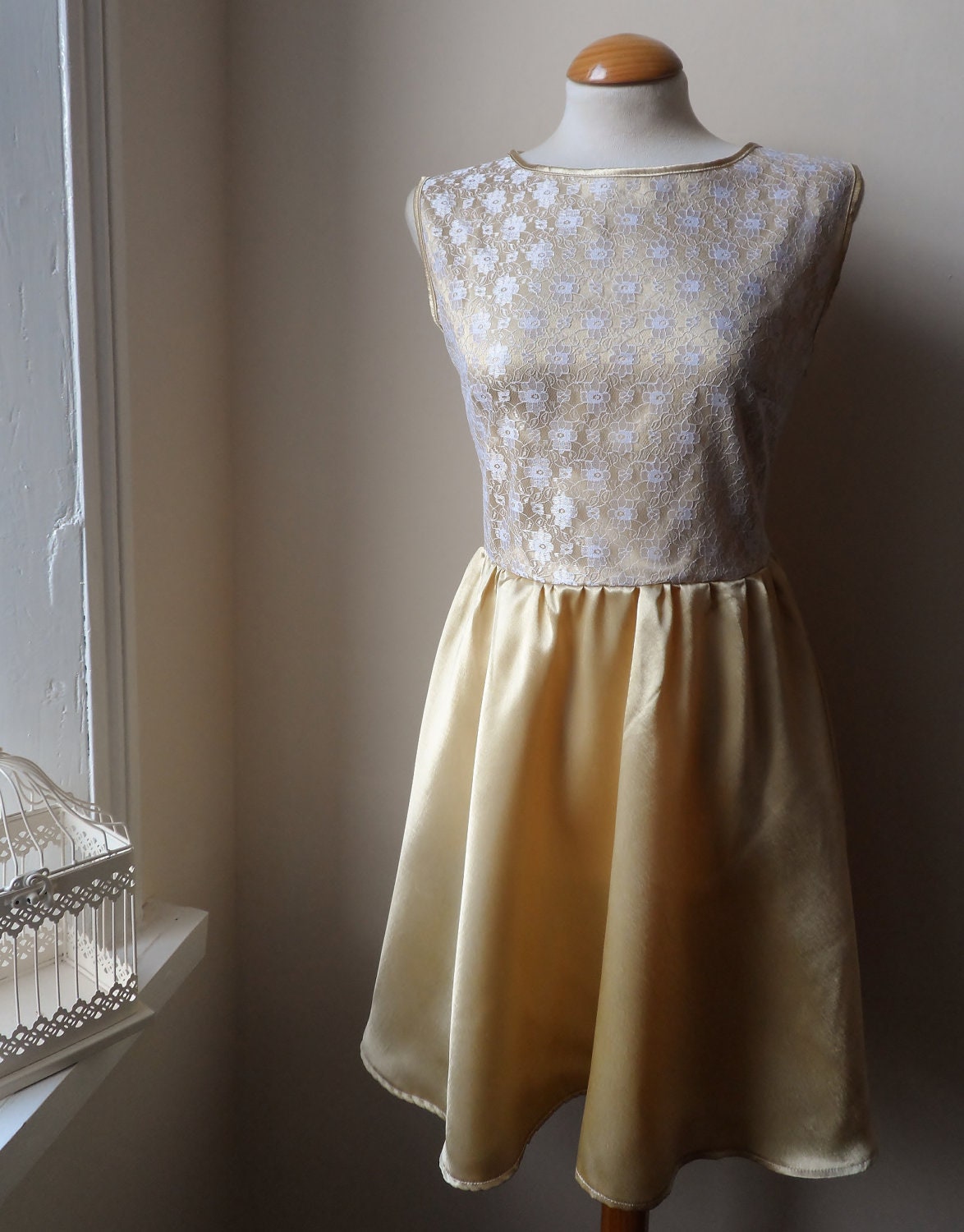 Beautiful Lace Dress in Champagne Satin / Romantic Bohemian / Handmade / Choose your size
