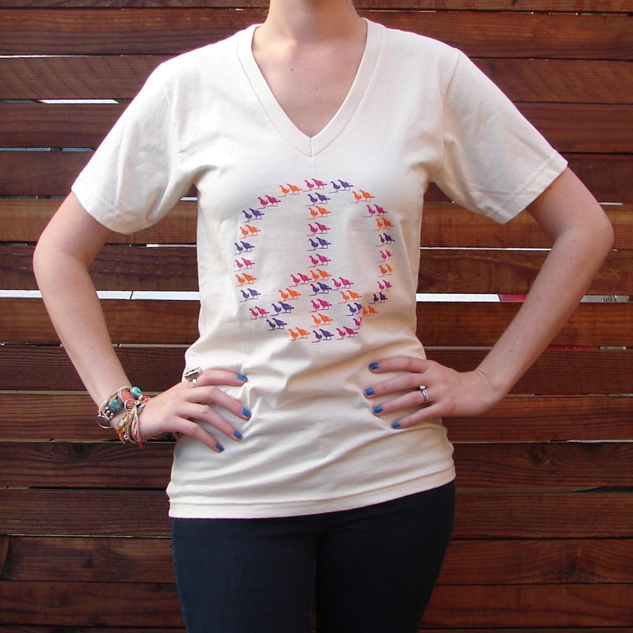 Feeding Birds Peace Sign - Adult Organic Cotton V-neck Print T-shirt