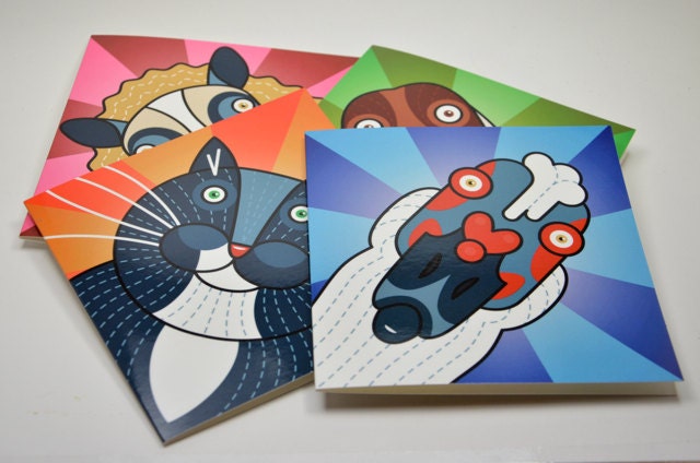 Set of four animal cards featuring a duck, sheep, goose and a cat