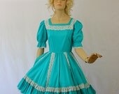 Vintage 60s Square Dance Dress Turquoise Cotton Full Circle Skirt  Lots of Lace