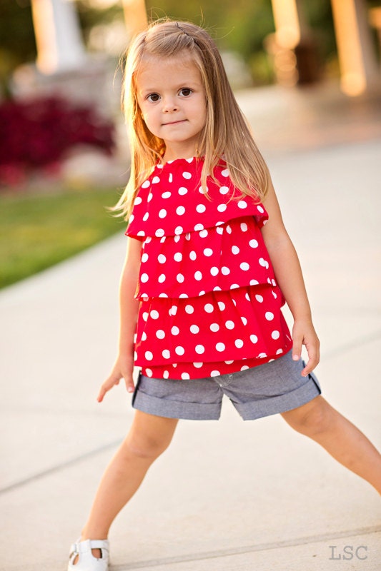 girls blouse l size 10 l halter top with ruffles in scarlet red polka l handmade l Ready to Ship