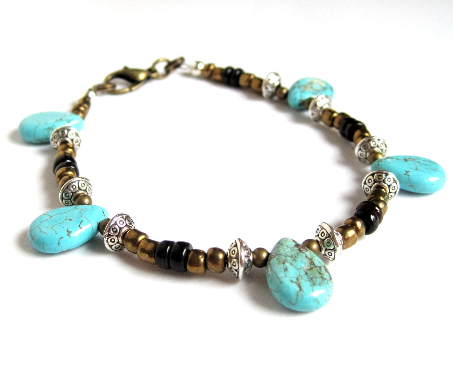 Turquoise Teardrop Beaded Bracelet, Shell Bracelet, Southwest BOHO, Bronze Bracelet, Brown Shell Heishi, Stylish Cowgirl