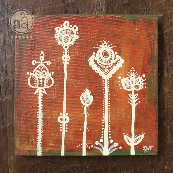 Abstract Floral Art, Whimsical Distressed Earthy Doodle Painting - Original Art - 8x8 Canvas
