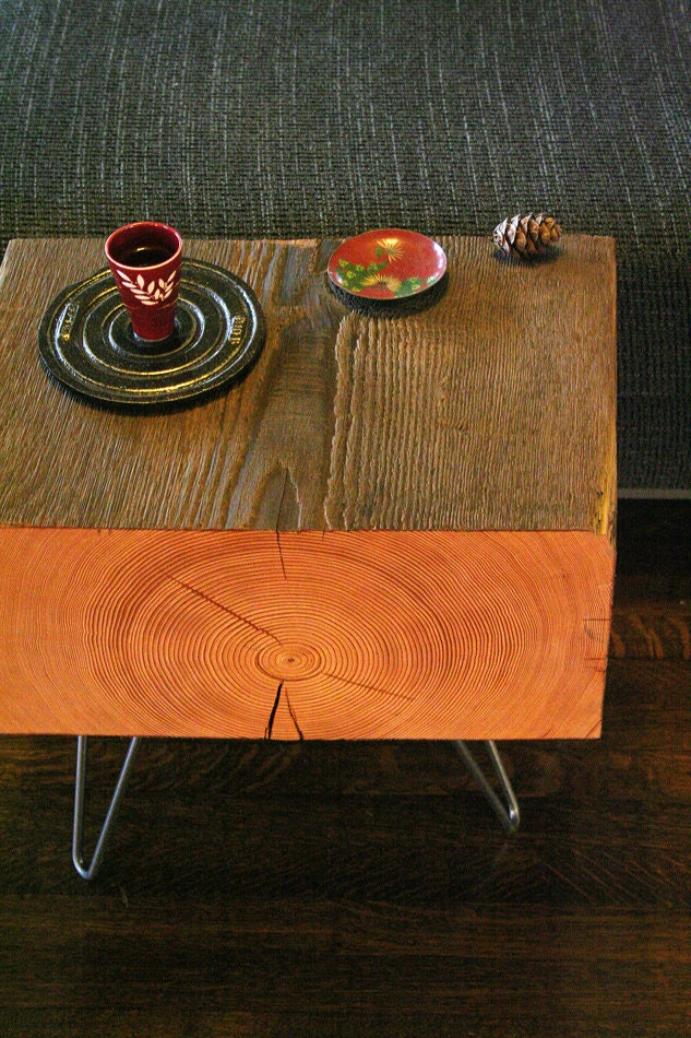 forest koan coffee table with hairpin legs - reclaimed old growth, modern industrial - deep forest raw beauty