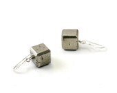Sterling silver earrings: cube earrings, pyrite natural stone geometric metallic industrial chic grey gray urban