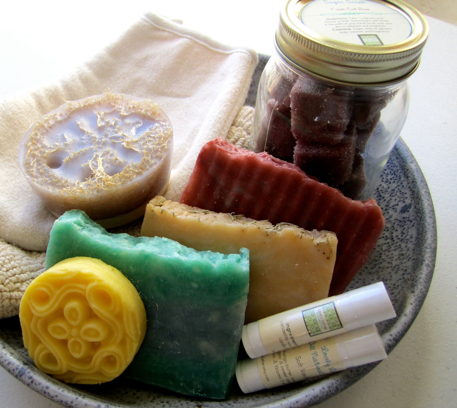 Customizable All Natural Delux Spa Set - Soaps, scrubs, lotion, lip balms & pedi soap - FREE SHIPPING