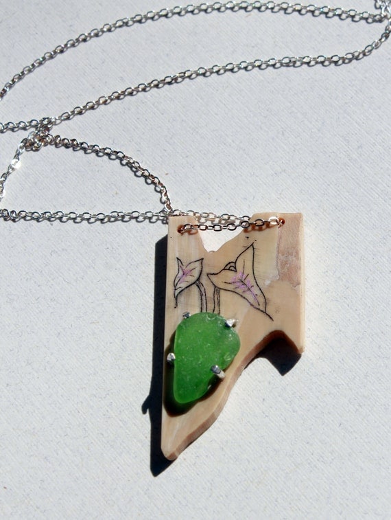 Green Sea Glass--Fossil Mammoth Ivory Pendant-- Elephant Ear Scrimshaw