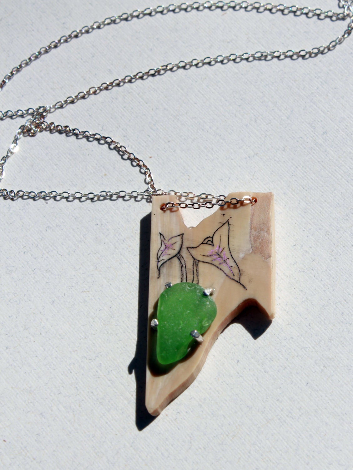 Green Sea Glass--Fossil Mammoth Ivory Pendant-- Elephant Ear Scrimshaw