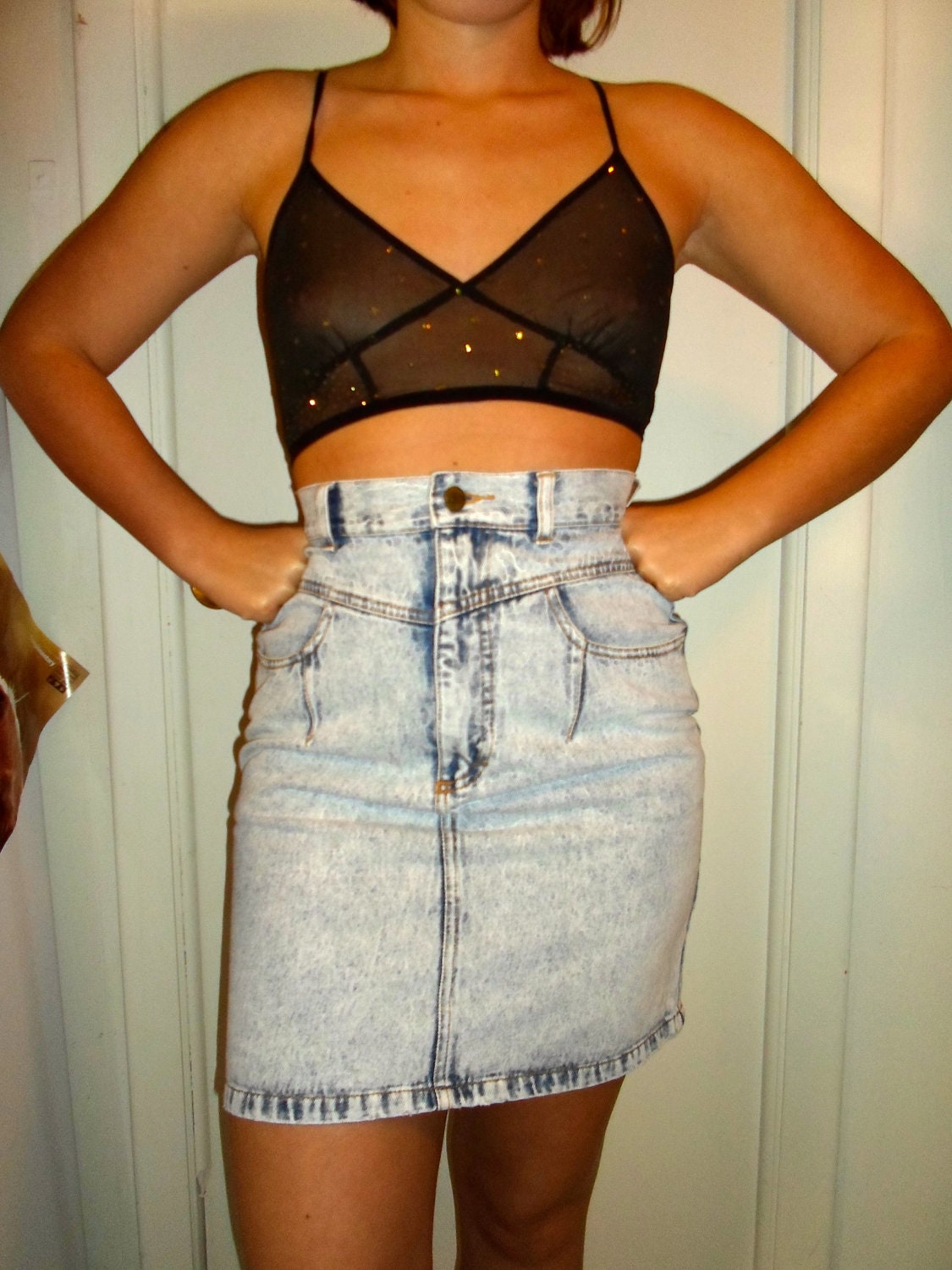High Waisted Acid Wash Denim Skirt, 1980s light wash, sexy, bleached