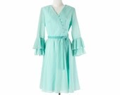 60s Vintage Midi Dress Blue Aqua Bell Bell Sleeve Velvet Bow Small