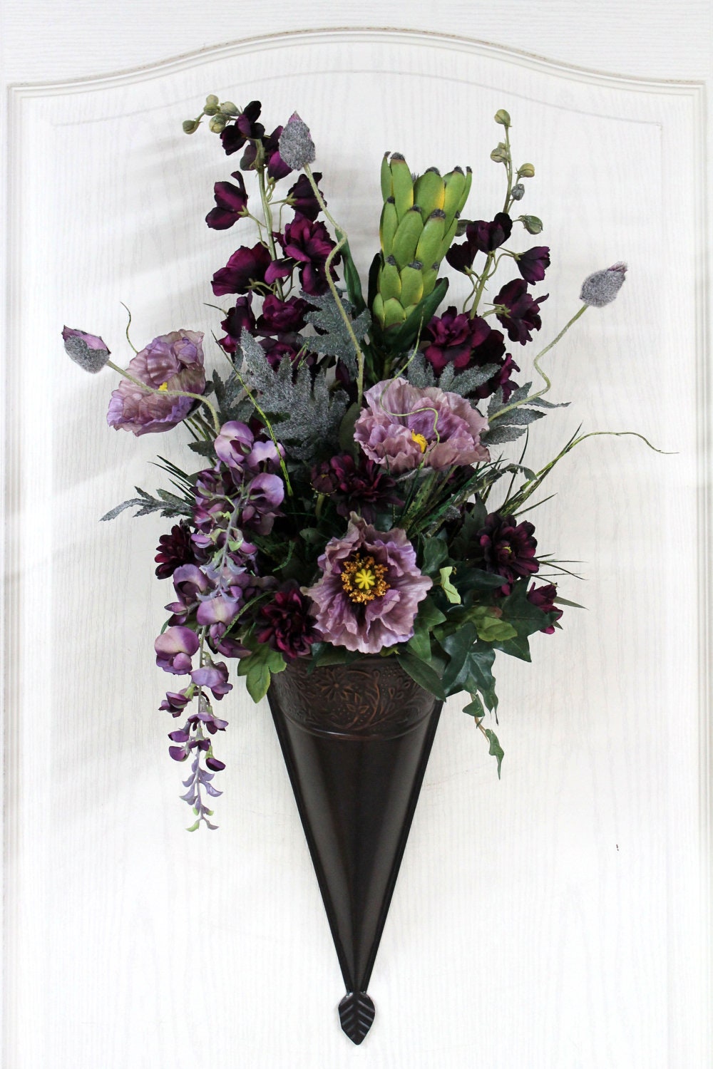 Elegant Floral Wall Sconce, Wall Hanging, Brown Medal Sconce, Poppies, Larkspur, Wisteria, Great Gift for that Special One --  FREE SHIPPING