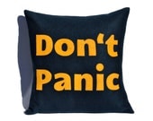 Don't Panic- Appliqued Eco-Felt Pillow Cover in Navy Blue and Tangerine - 18 inches