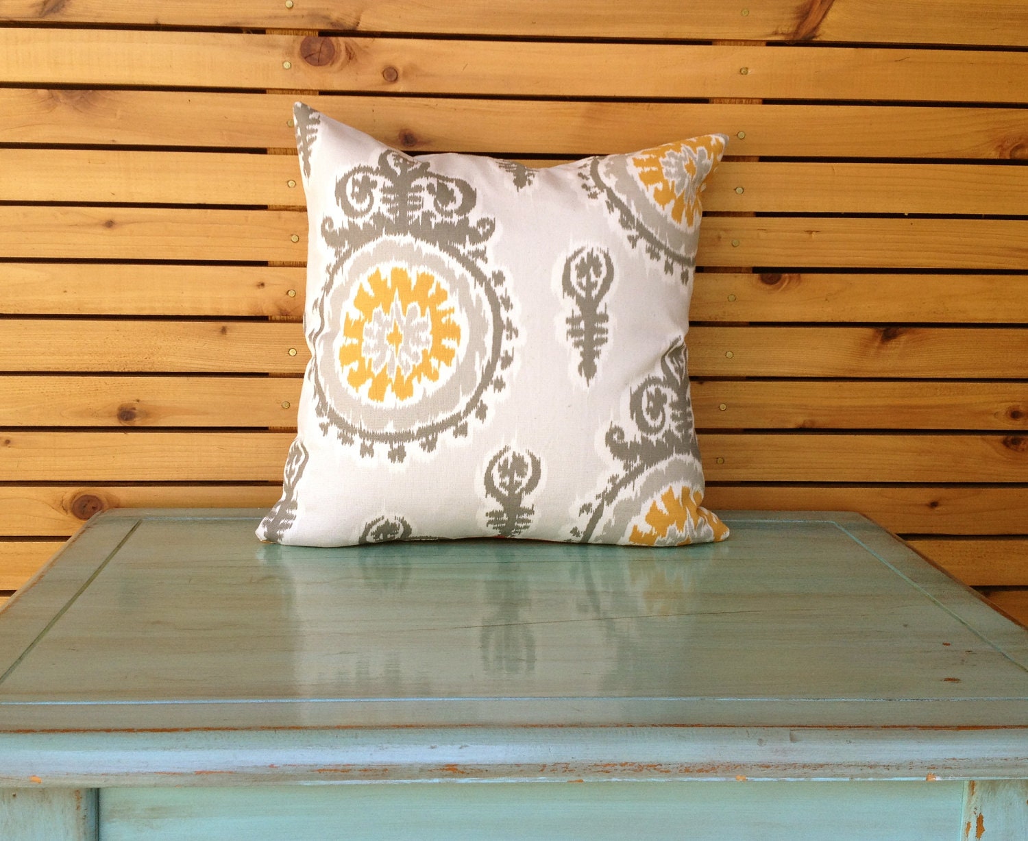 Decorative throw pillow, mustard yellow, grey, cream, vintage pattern, 16x16 cotton pillow cover