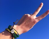 Splendid Handmade 6mm Green Yellow Jade Gemstone Beads Daisy Flower Button Leather Cord Wrap Bracelet