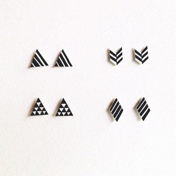 Hand Drawn Black and White Herringbone Chevron Post Earrings Studs