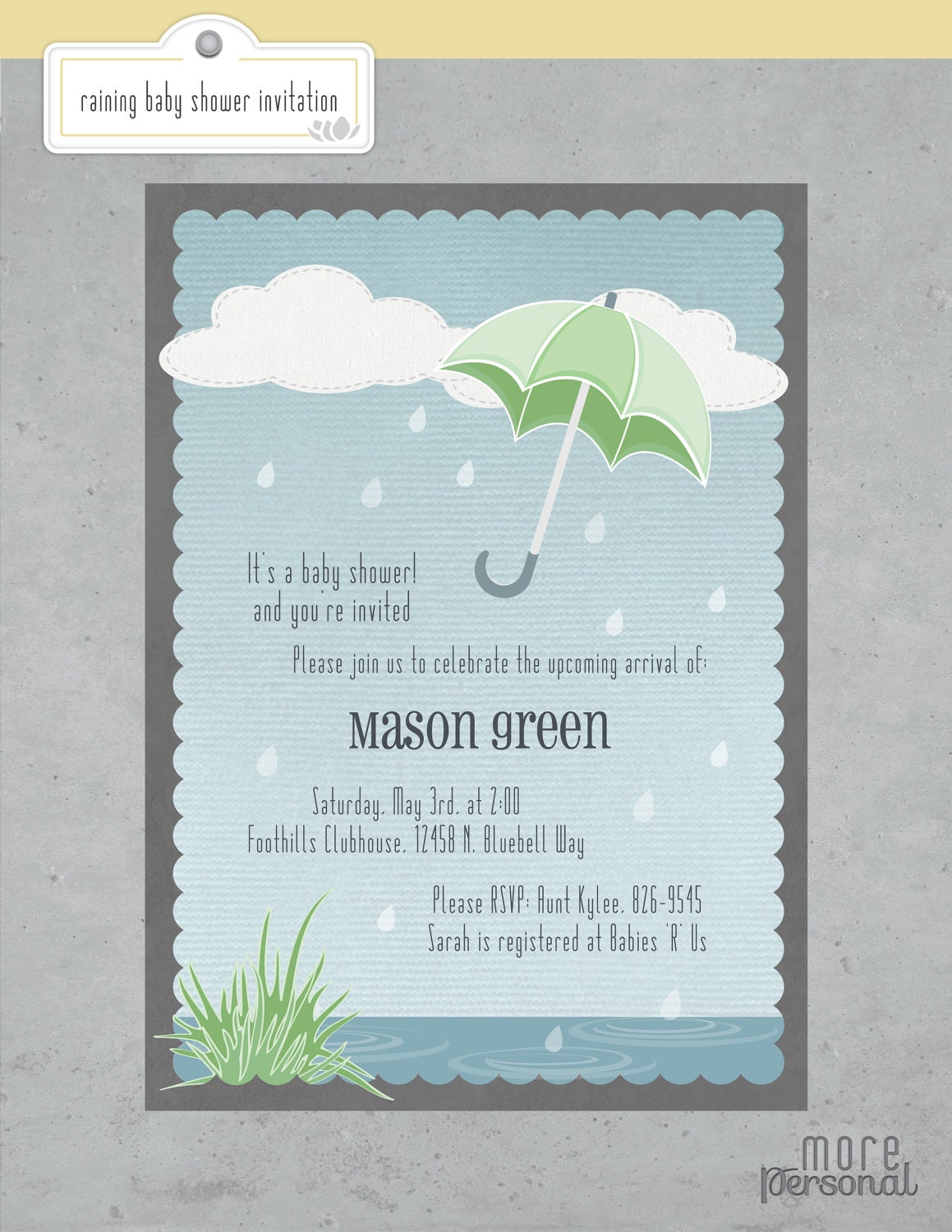 Raining Baby Shower Invitation for Baby Boy / Baby shower / Umbrella / Blue and Gray / Printable