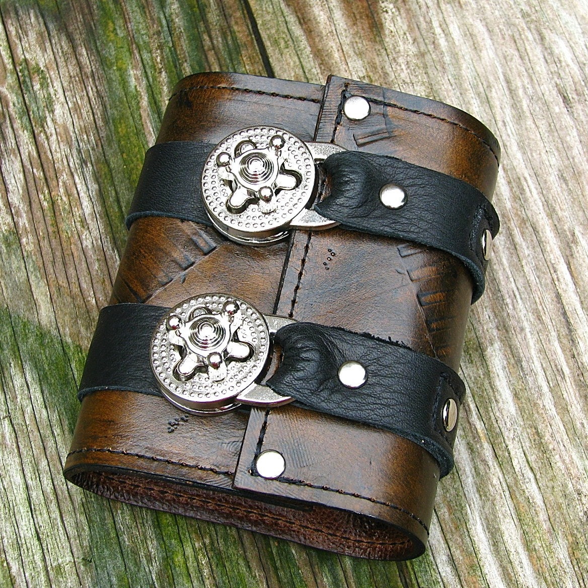 Leather Steampunk Credit Card Wristband Wallet Cuff for Women and Men - Brown and Black with Silver