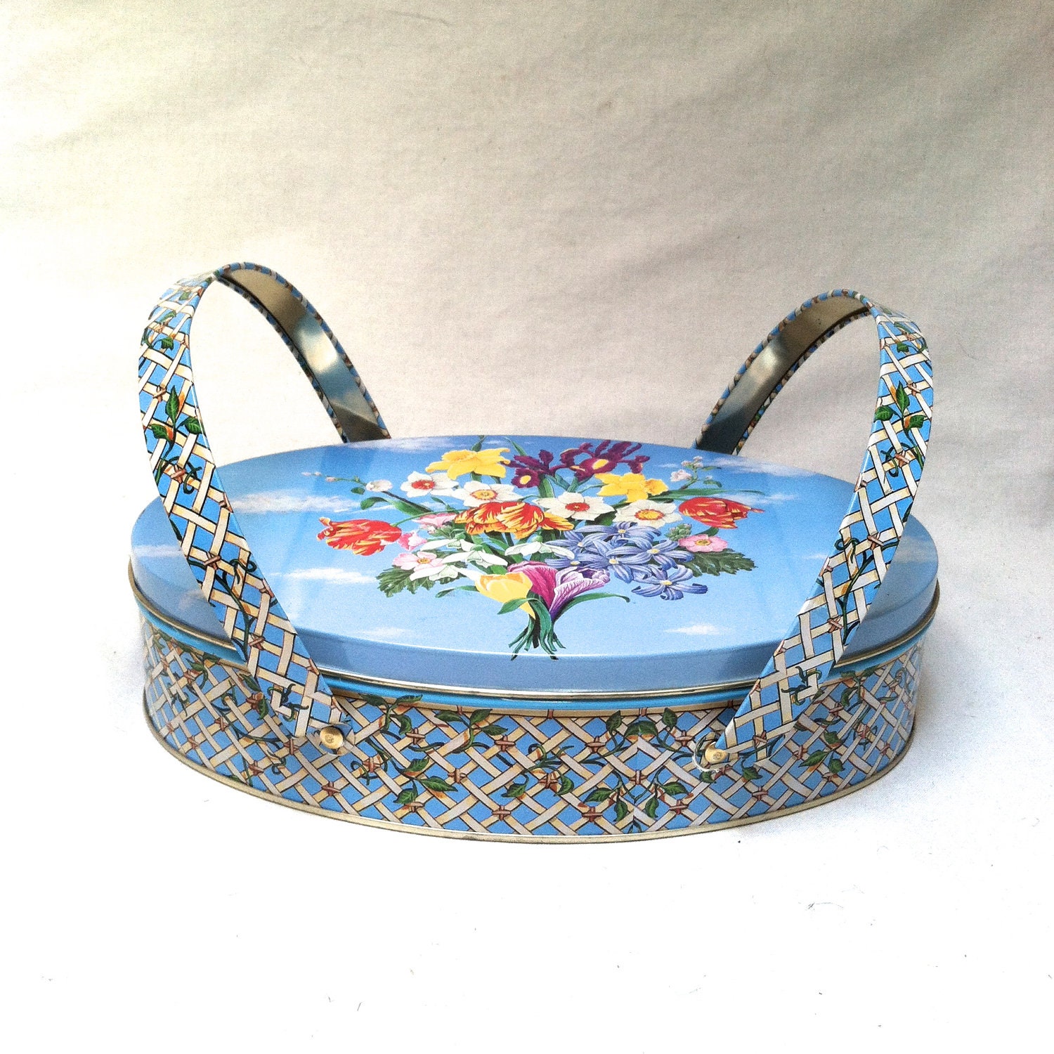 Vintage FLORAL BASKET TIN w/Handles 1980s