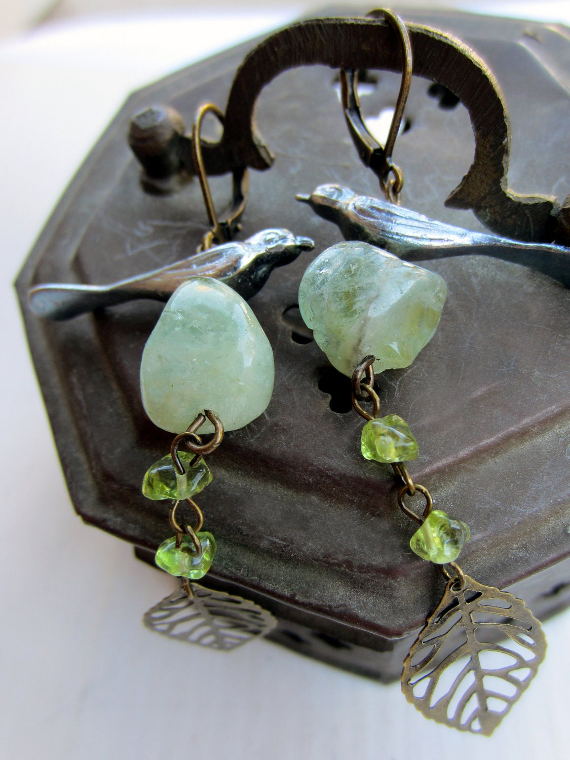 Bird and Leaf Dangles with Raw Aquamarine and Peridot