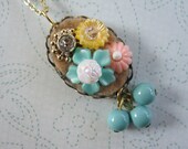 Vintage Plastic Flower Collage Necklace - Pastel Flowers