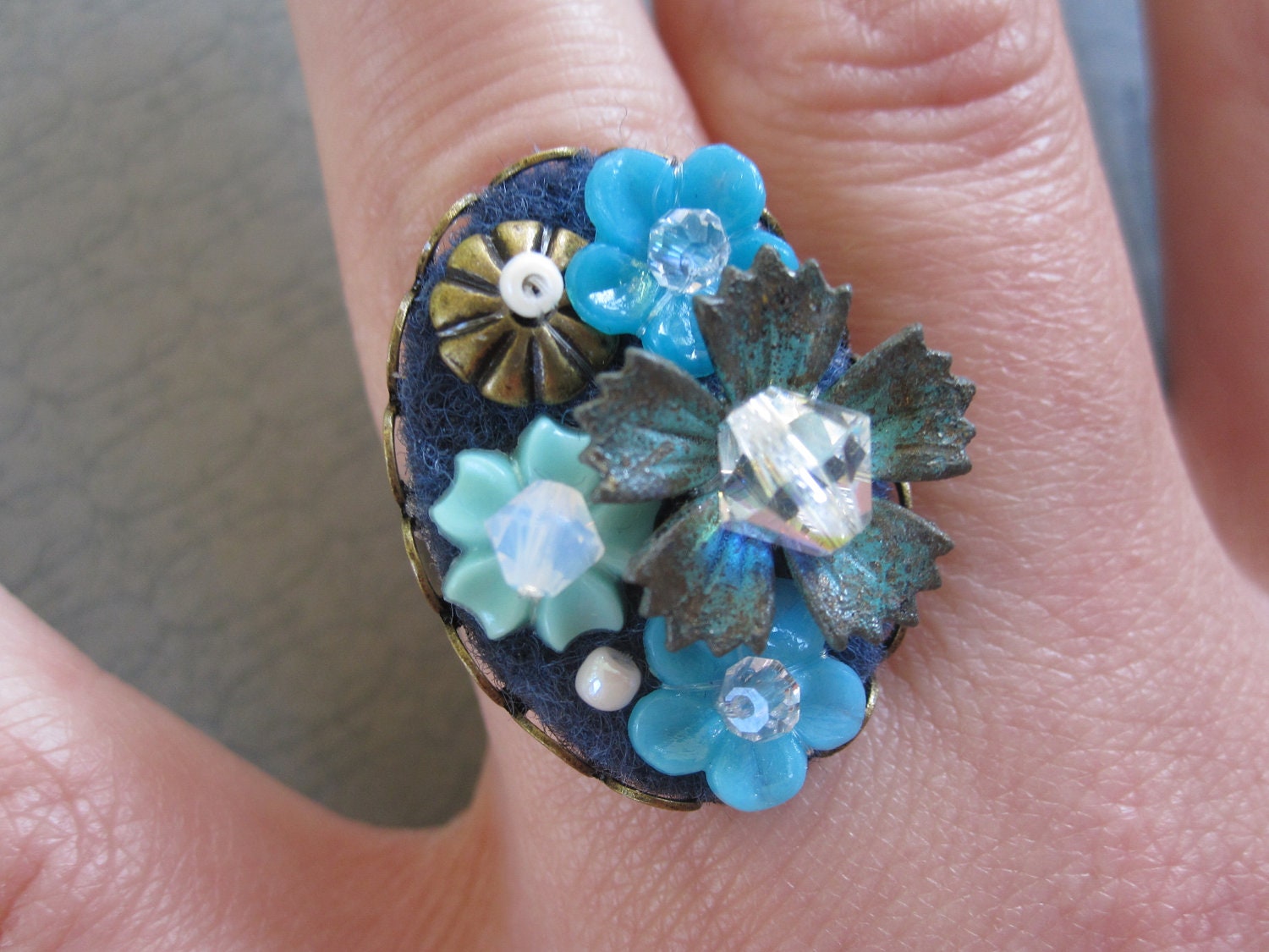 Vintage Plastic Flower Collage - Adjustable Ring - Winter Garden