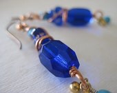 Ocean Beach Jewelry Summer Fashion Cobalt Glass Earrings with Turquoise Glass Copper Wire wrap Boho Beaded Jewelry OOAK Artisan Earrings