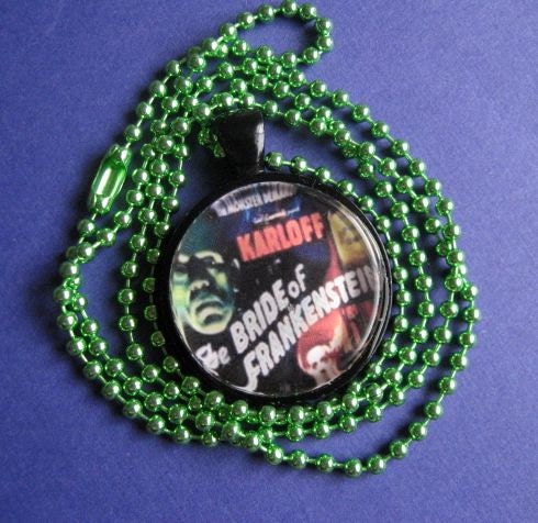 Retro Horror Movie Poster Horror Movie Necklace Bride of Frankenstein Glass Pendant with Chain
