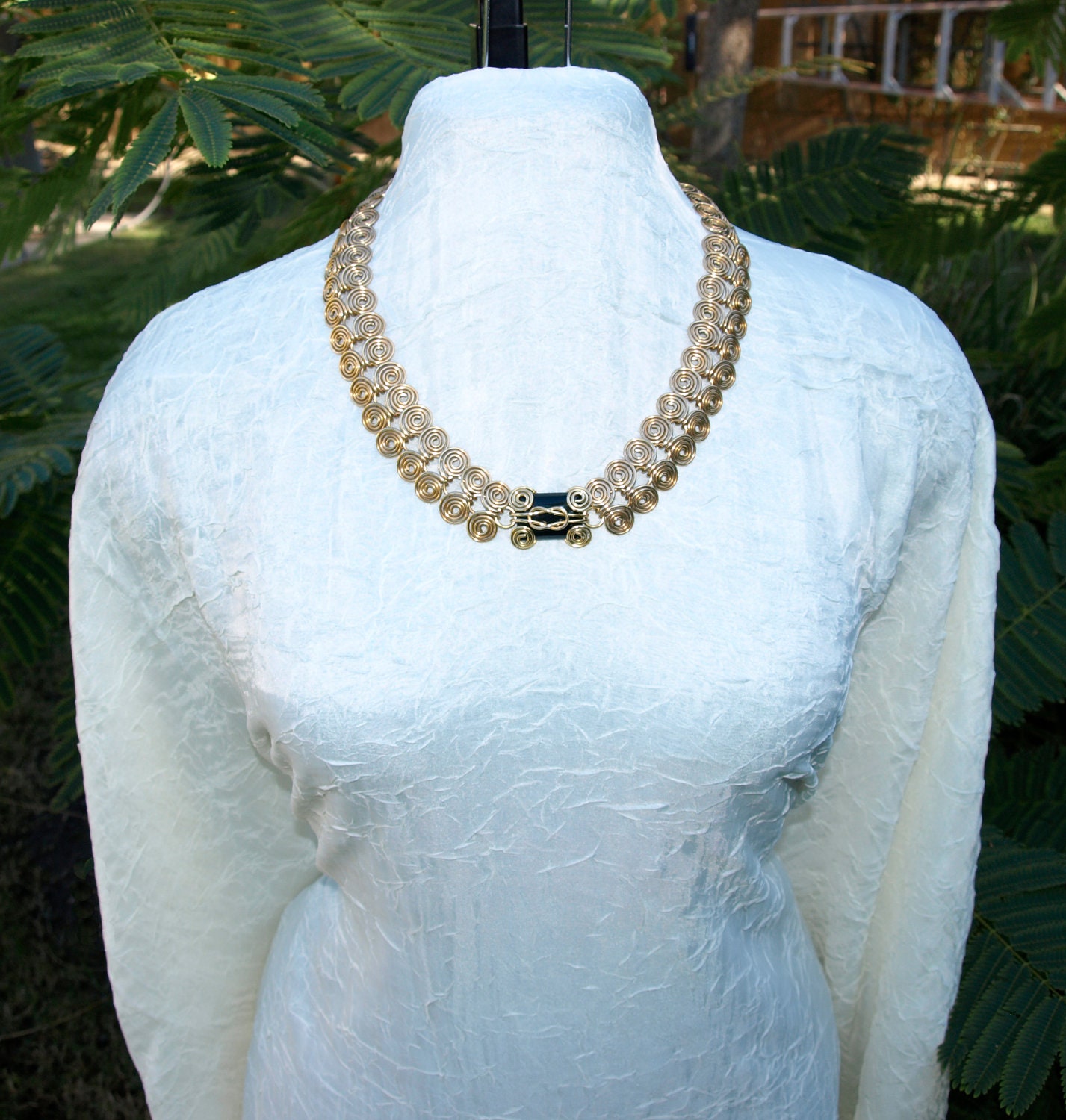 Solid Brass Swirl Necklace With Black Onyx Wire Wrapped Pendant
