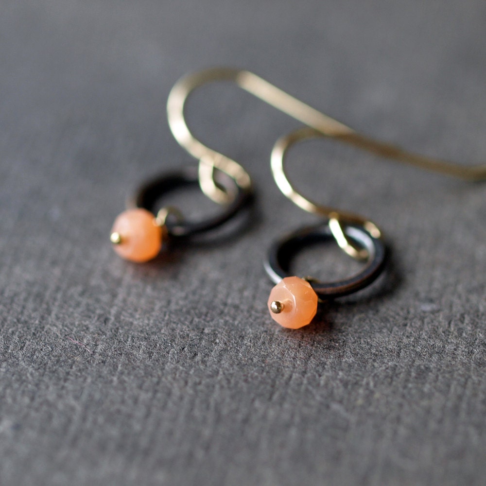 Peach Moonstone Earrings Oxidized Copper Circles Gold Earwires Delicate Gemstone Handmade Jewelry