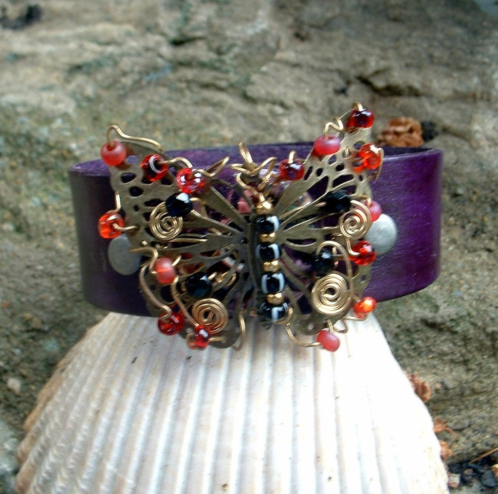 Wire Wrapped Leather Butterfly Bracelet Cuff