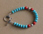 Southwest Style Bracelet Turquoise Bracelet with Sterling Silver and Red Coral