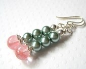 Mint Green Glass Pearl Earrings, Cherry Quartz, Dangle Earrings, Sterling Silver