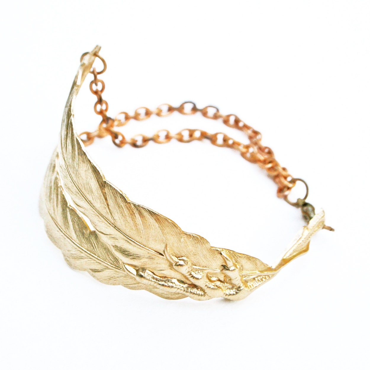bird claw bracelet - feather and bird foot brass vintage chain bracelet