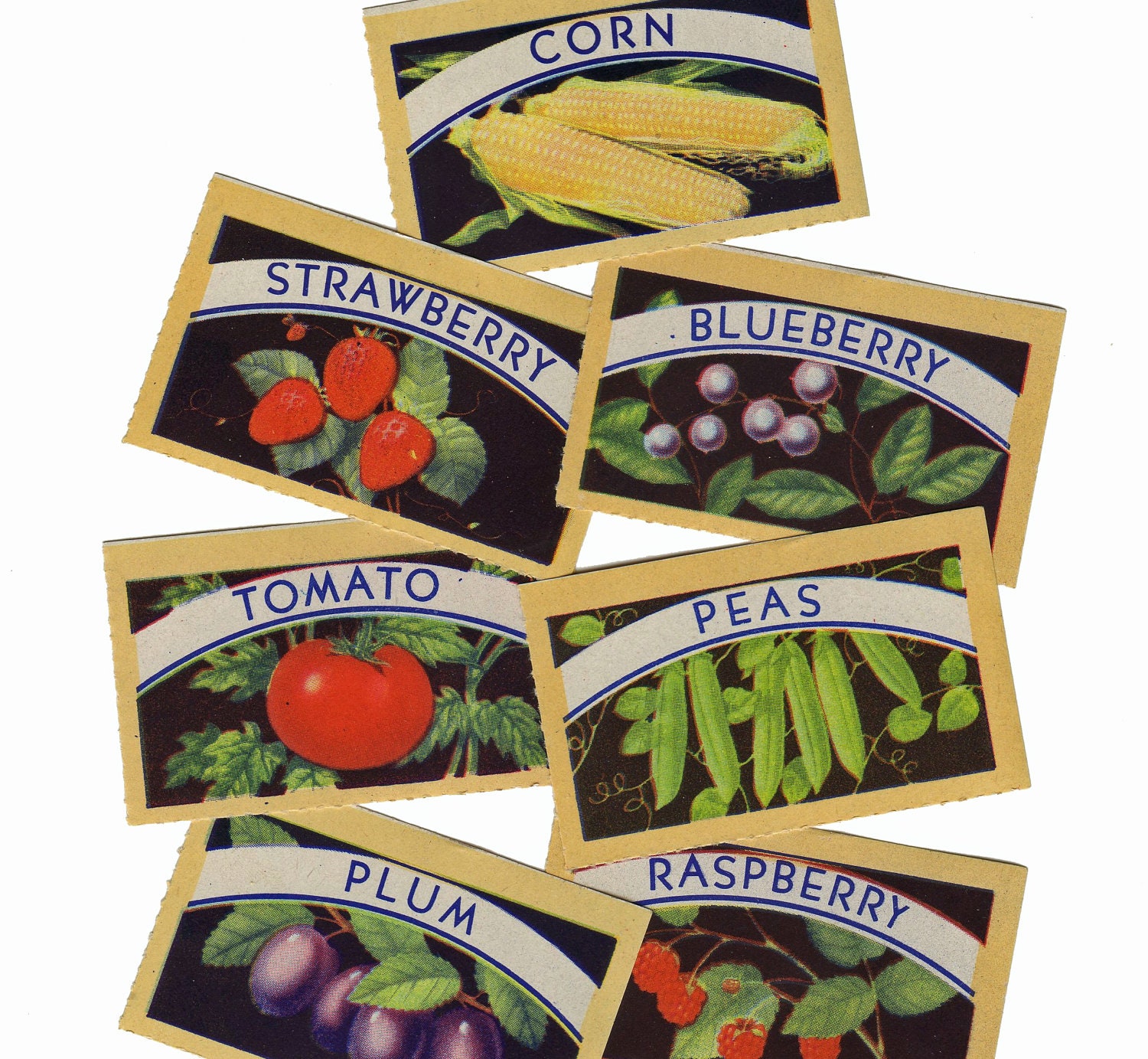 7pcs VINTAGE CANNING LABELS 1940s Gorgeous Color Set B