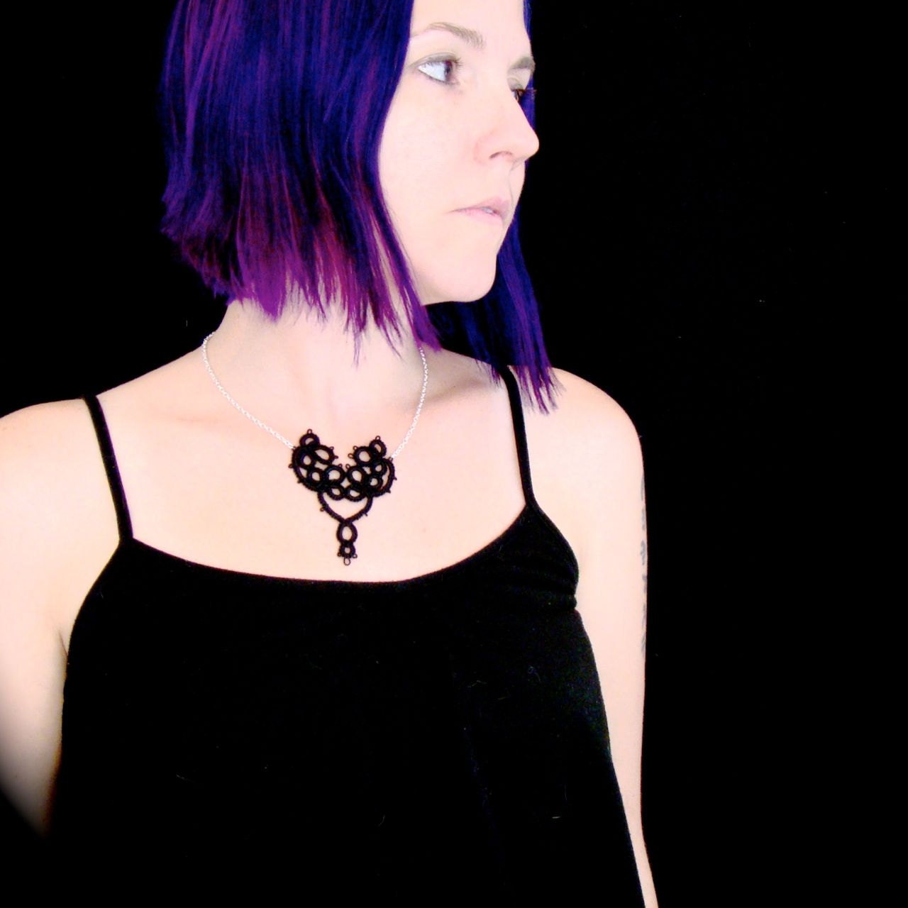 Tatted Lace and Chain Necklace -With Wings