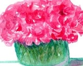 Pretty Pink  Peonies in Green Glass Container Floral Watercolor Painting, ACEO Original Flowers painting