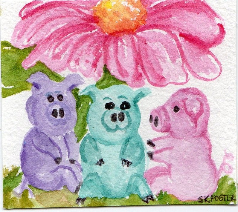 3 Little Pigs under the Big Pink Flower Mini Original Watercolor Painting with Easel