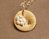 Personalized Initial Disc Necklace flower sterling silver chain brass charm pendant