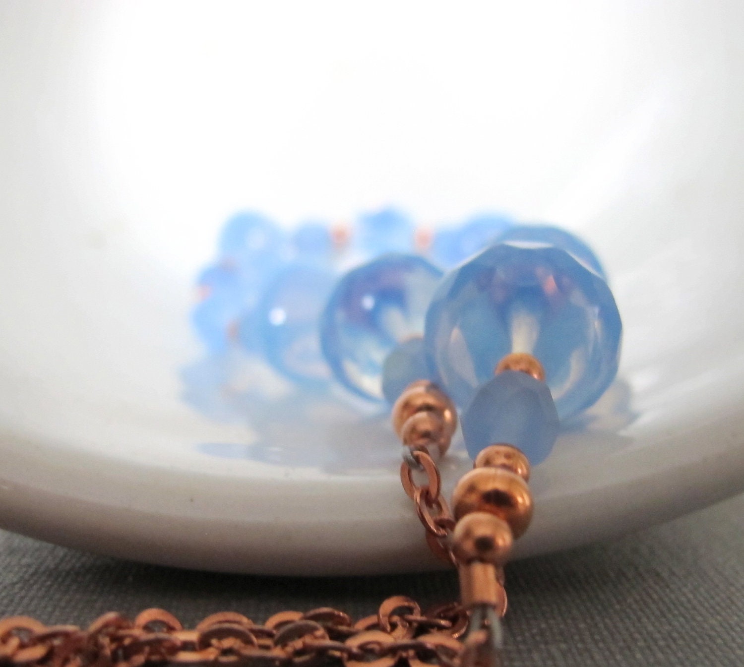 Sky Blue Necklace, Copper Necklace, Copper Chain, Copper Jewelry, Frosted Blue, Sapphire Blue Glass, Beaded Necklace