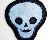 Hand Painted Fabric Patch -Light Blue Skull with teal spatter-