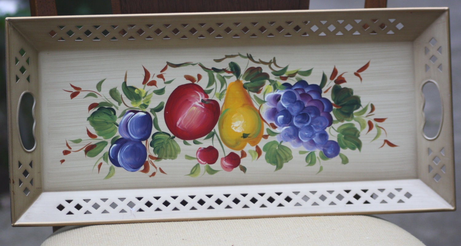 REDUCED Vintage Oblong Hand Painted Fruit Pear & Apple  Design Nashco Metal Tray