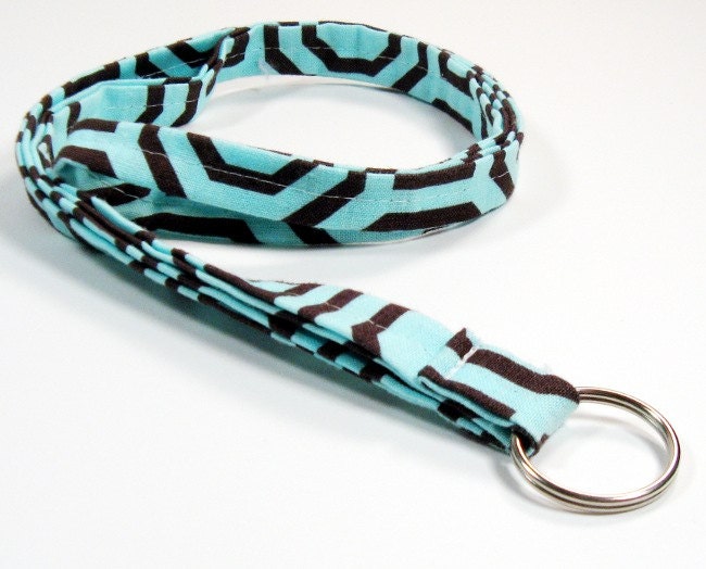 Lanyard Key Chain - Short - Aqua and Brown geometric