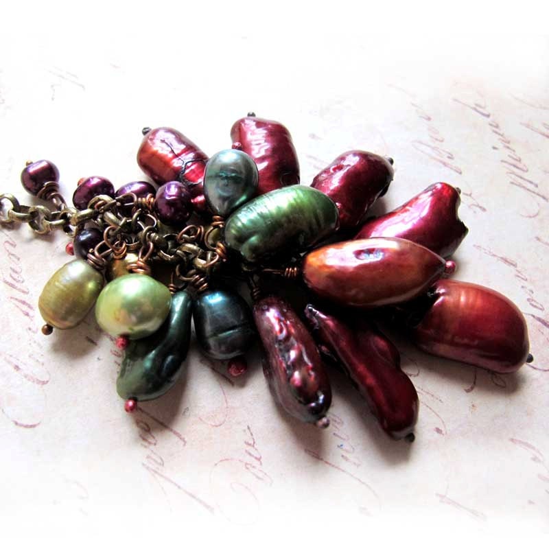 Jewel Tone Colors Freshwater Pearl Cluster Lariat Necklace