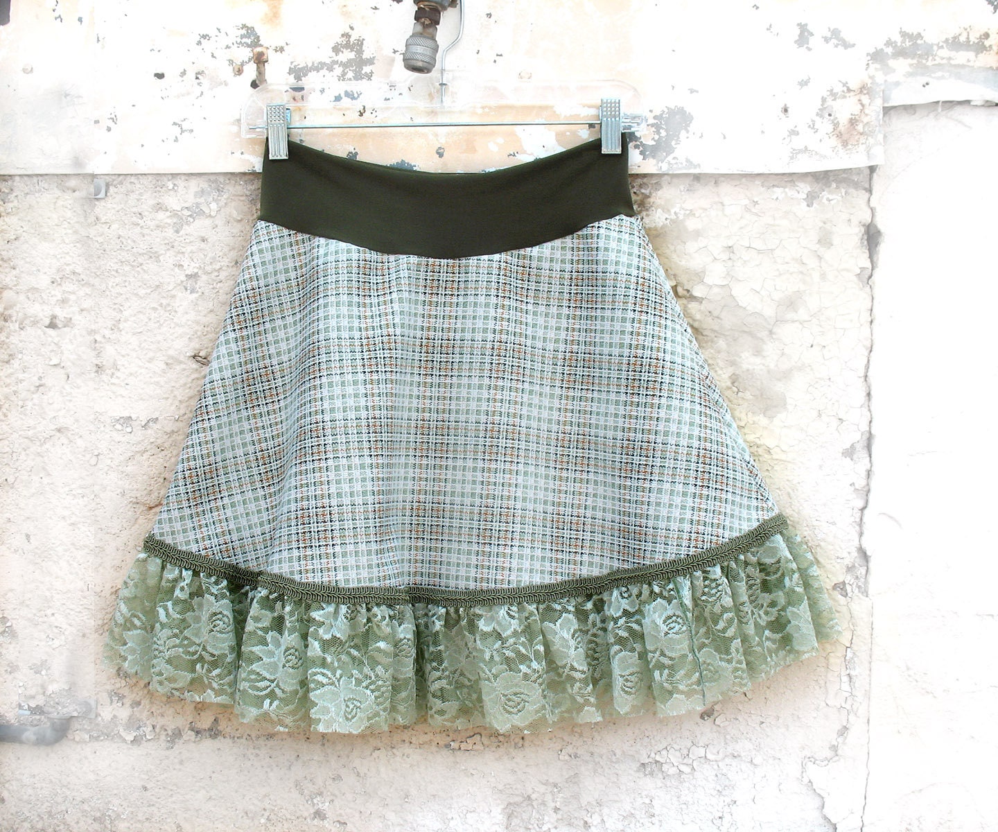 Summer Meadows Skirt from vintage fabric - 1970s menswear upcycled clothing ruffle clothing sage plaid mini skirt lace