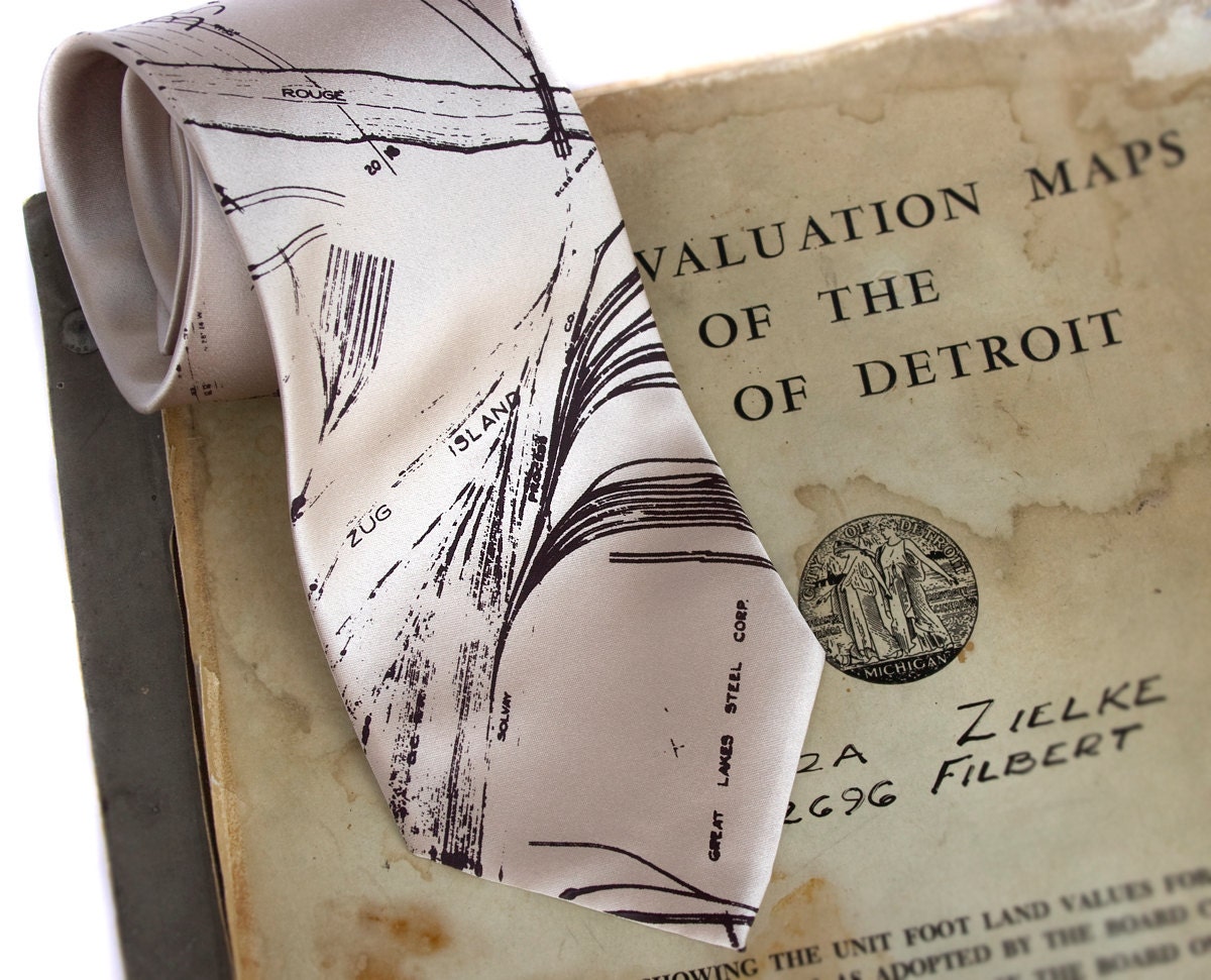 Zug Island & River Rouge. Detroit map silkscreen microfiber necktie, dark burgundy ink. Choose color and standard or narrow width.
