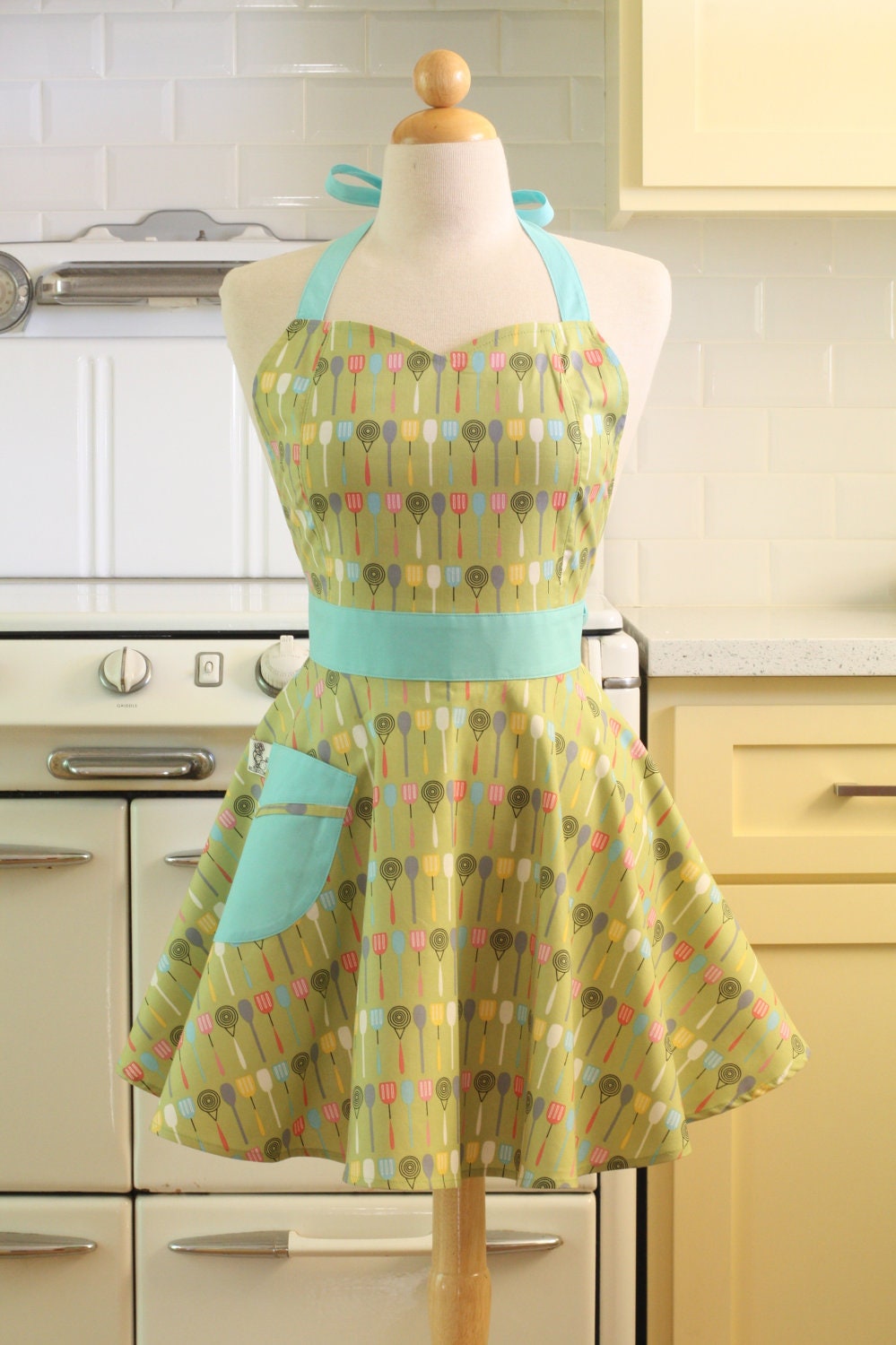 Retro Utensil Apron Green Aqua BELLA